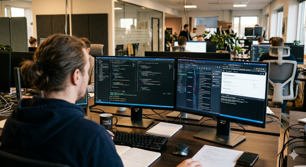 person sitter vid två datorskärmar och programmerar.